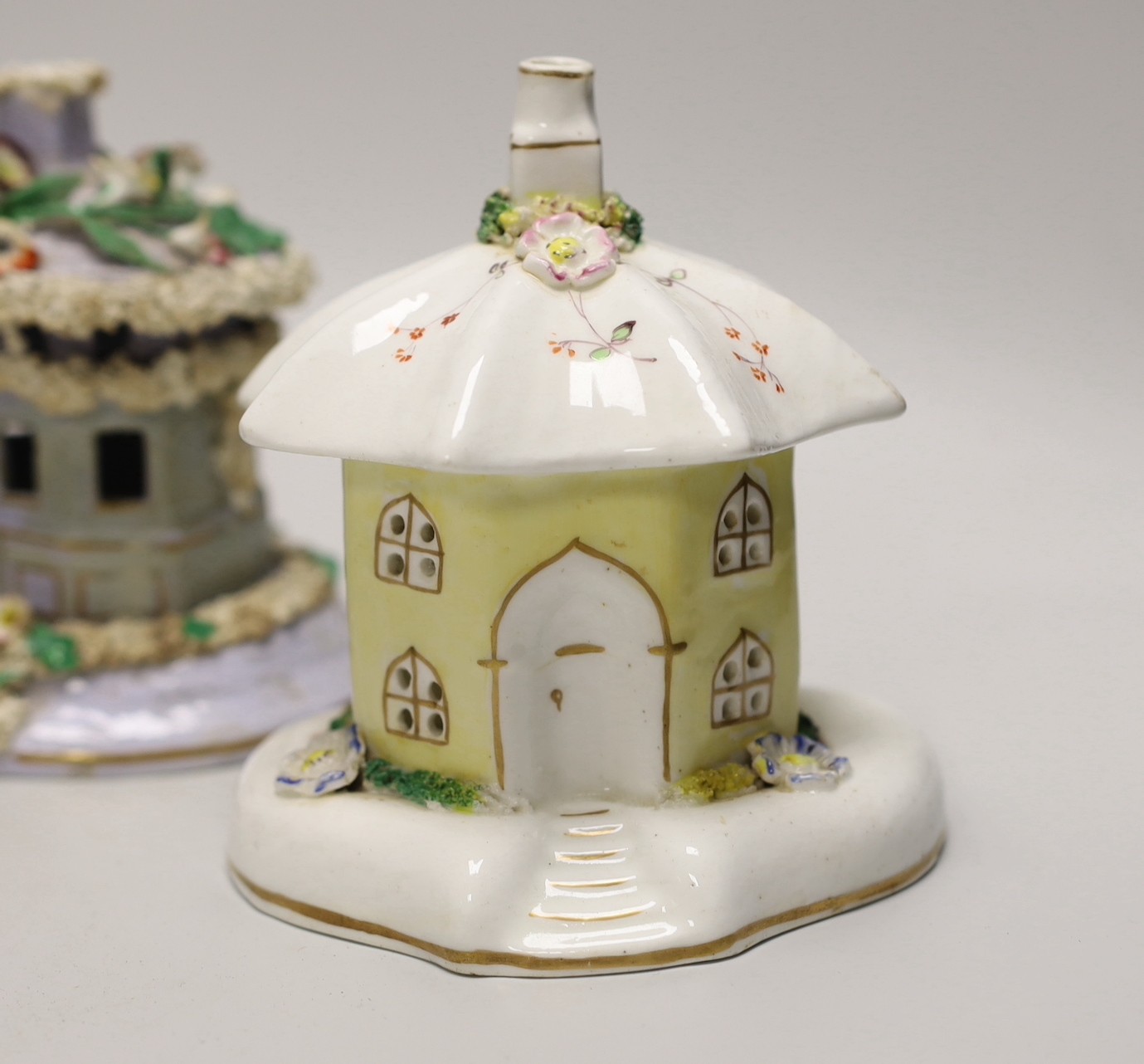 Five Staffordshire porcelain or pottery cottage or church pastille burners and a similar cottage money box, Tallest 14.5cm